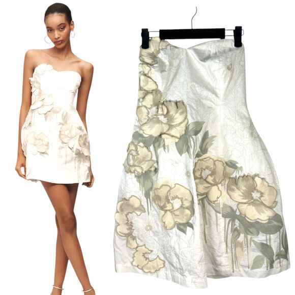 By Anthropologie Strapless Floral Applique Mini Dress Sweetheart Cream Medium - Picture 1 of 8